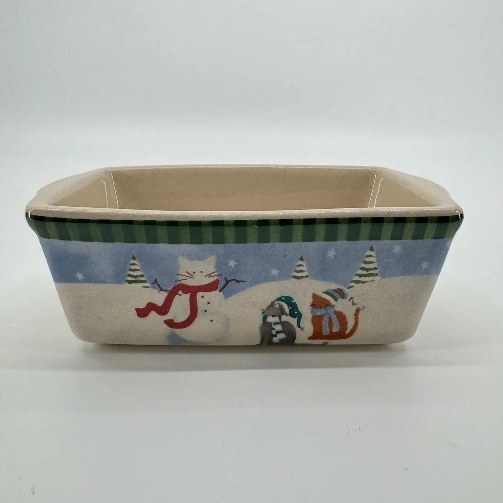 Vtg Garden Ridge Christmas Cats Mini Loaf Pan Ceramic Winter Baking Dish Holiday